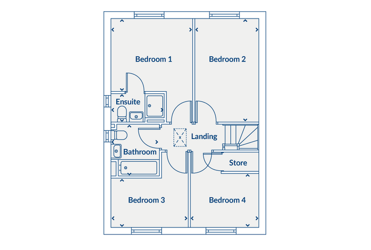 A floor plan of a house showing four bedrooms, an ensuite, a bathroom, a landing, and a store.