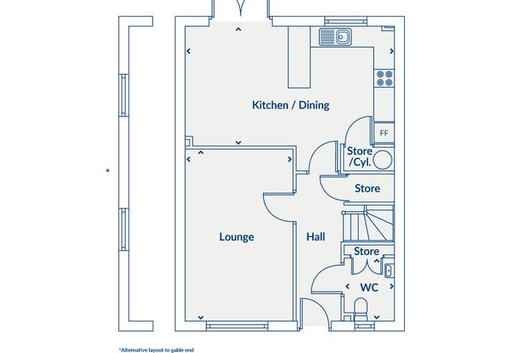 A floor plan of a home with a lounge, kitchen/dining area, hall, stores, and a WC.