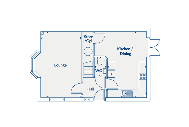 A floor plan of a house showing a lounge, hall, WC, store/cyl, and kitchen/dining area.
