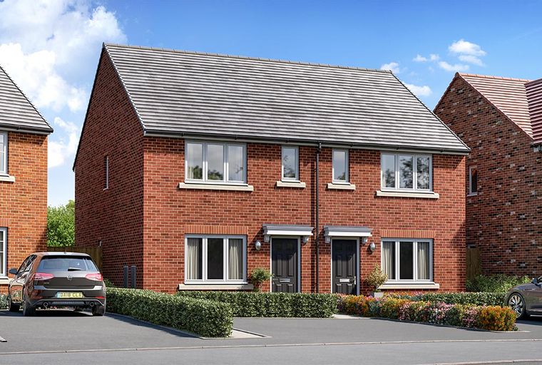 A row of red brick semi-detached houses with grey tiled roofs and manicured gardens.