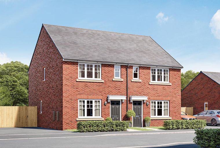 A red brick semi-detached house with white windows and grey doors.