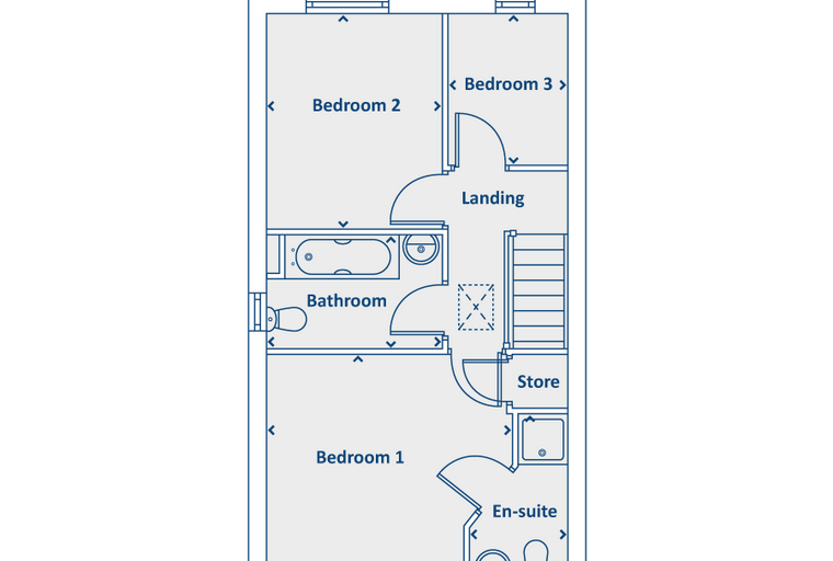 A floor plan showing three bedrooms, a bathroom, an en-suite, a landing, and a store room.