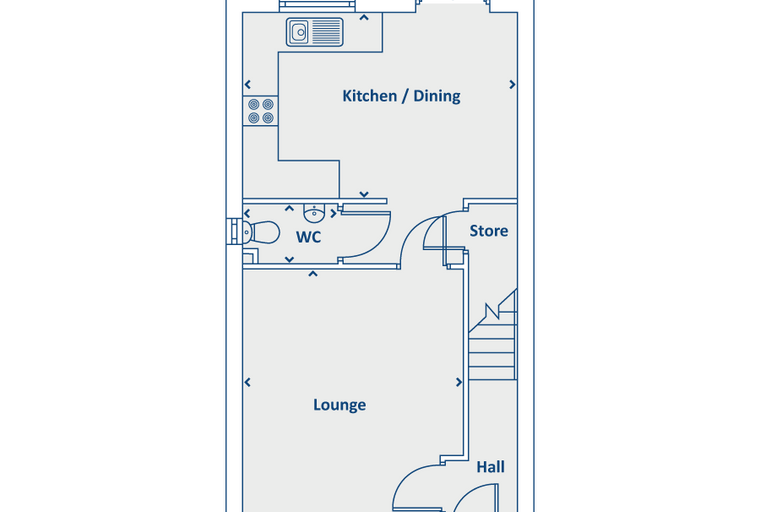A floor plan of a house showing a lounge, WC, kitchen/dining area, store, and hall.