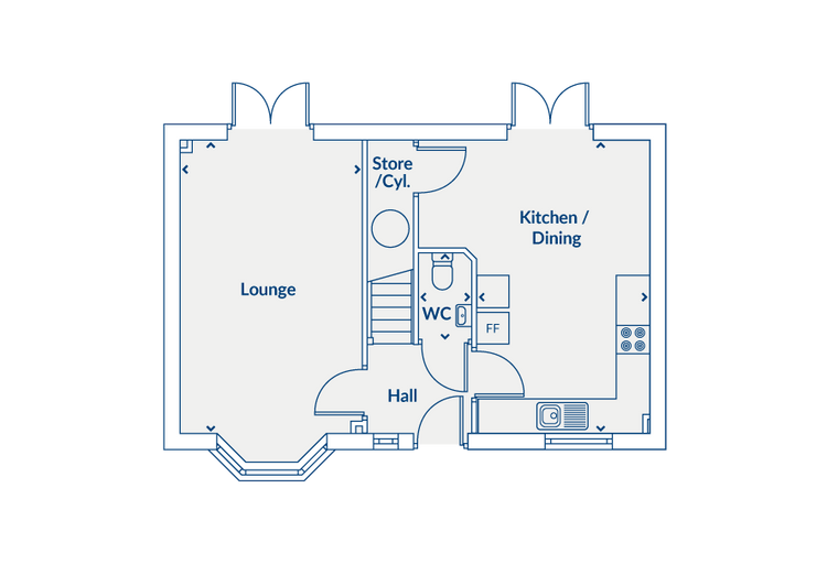 A floor plan showing a lounge, store/cyl, kitchen/dining area, hall, and WC.