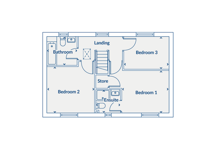 A floor plan showing a landing, three bedrooms, a bathroom, an ensuite, and a store room.
