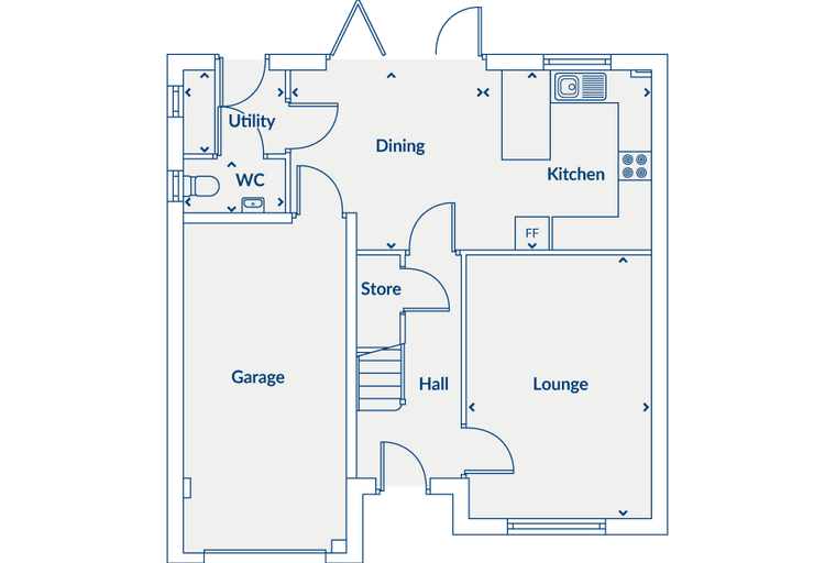 A floor plan of a house with a garage, lounge, kitchen, dining area, utility room, WC, store, and hall.