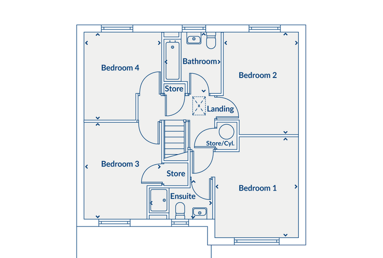A floor plan of a house showing four bedrooms, a bathroom, an ensuite, a landing, and storage areas.