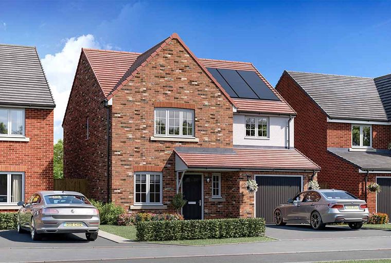 A modern brick house with solar panels on the roof, a garage, and a driveway.