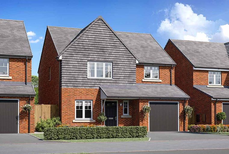 A modern brick house with a grey tiled roof and a garage.