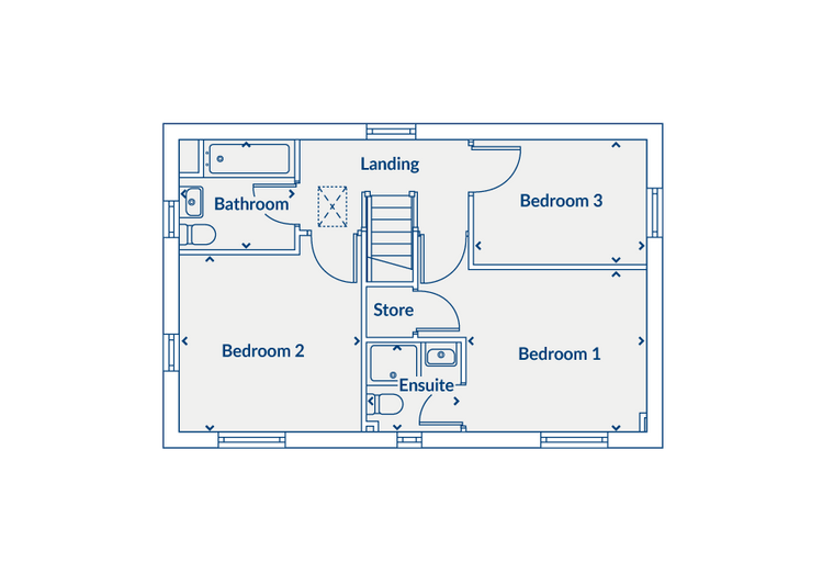 A floor plan showing a landing, three bedrooms, a bathroom, an ensuite, and a store room.