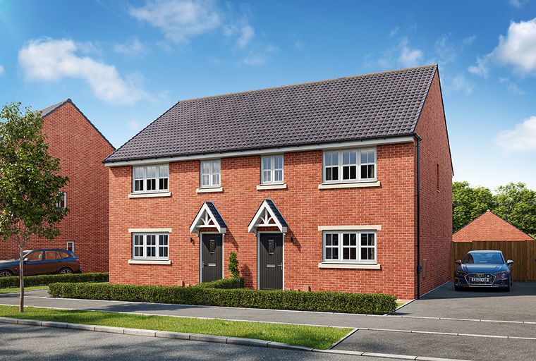 A pair of red brick semi-detached houses with dark roofs and white-framed windows.