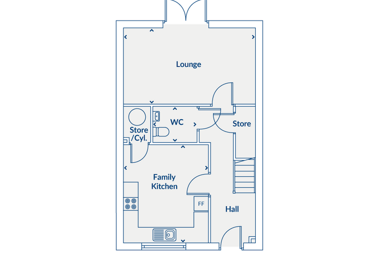 A floor plan of a house with a lounge, family kitchen, WC, stores, and a hall.
