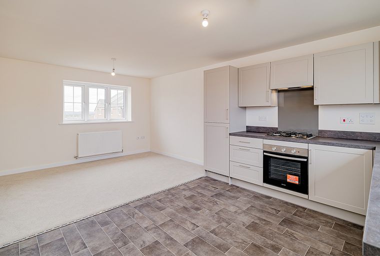 A kitchen and living area with a window and cabinets.