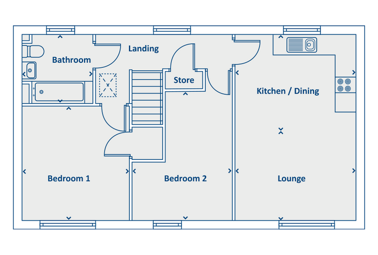 A floor plan of a house with two bedrooms, a bathroom, a store, a kitchen/dining area, and a lounge.
