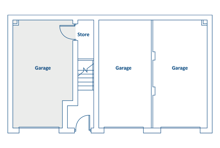 A floor plan showing a garage, a store, and two additional garages.