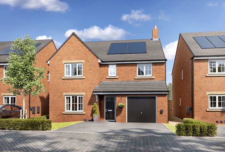A brick house with solar panels, a garage, and a paved driveway.