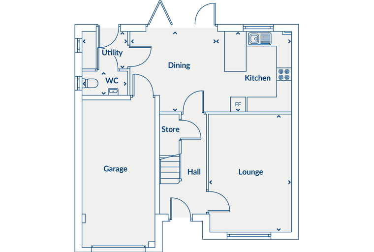 A floor plan of a house with a garage, utility, WC, dining area, kitchen, store, hall, and lounge.
