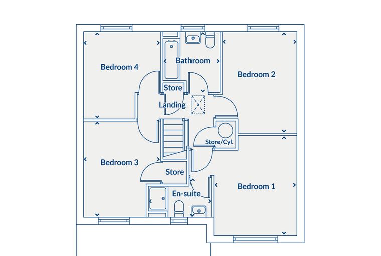 A floor plan of a house with four bedrooms, a bathroom, and an en-suite.