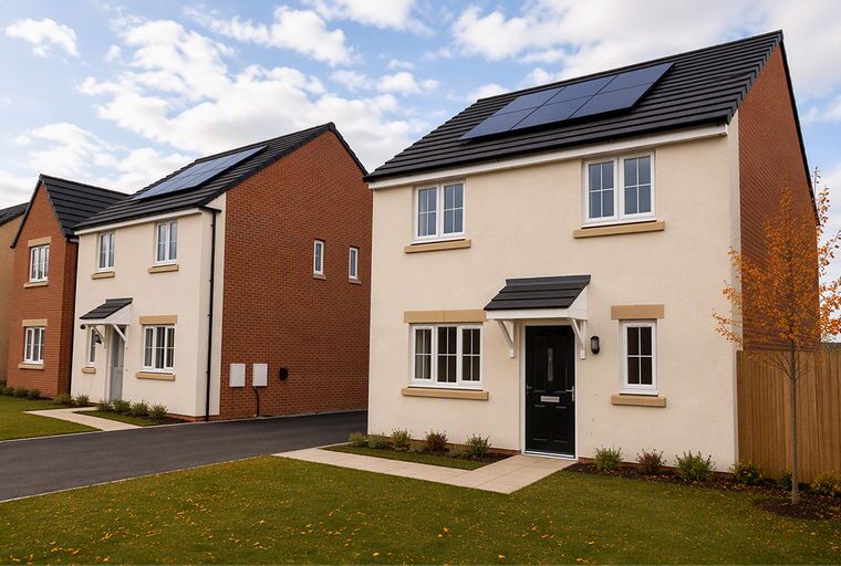 A row of modern houses with solar panels on the roof.