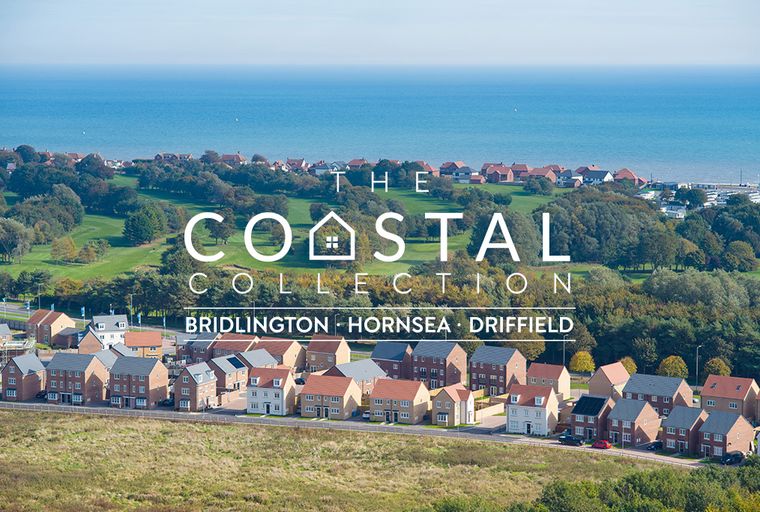 A coastal development of new homes with the sea and trees in the background.