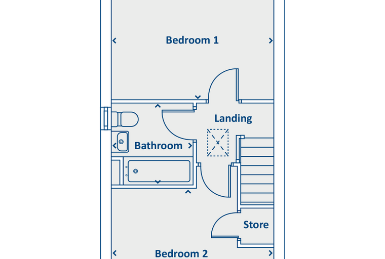 A floor plan showing two bedrooms, a bathroom, a landing, and a store room.