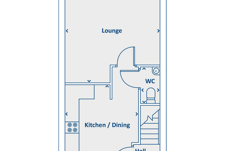 A floor plan showing a lounge, kitchen/dining area, WC, and hall.