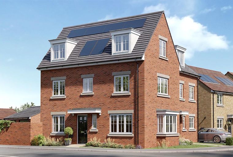 A brick house with solar panels on the roof and a bay window.