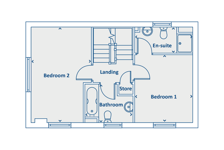 A floor plan of a house showing two bedrooms, a landing, a bathroom, an en-suite, and a store room.