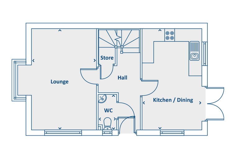 A floor plan of a house showing a lounge, hall, store, WC, and kitchen/dining area.