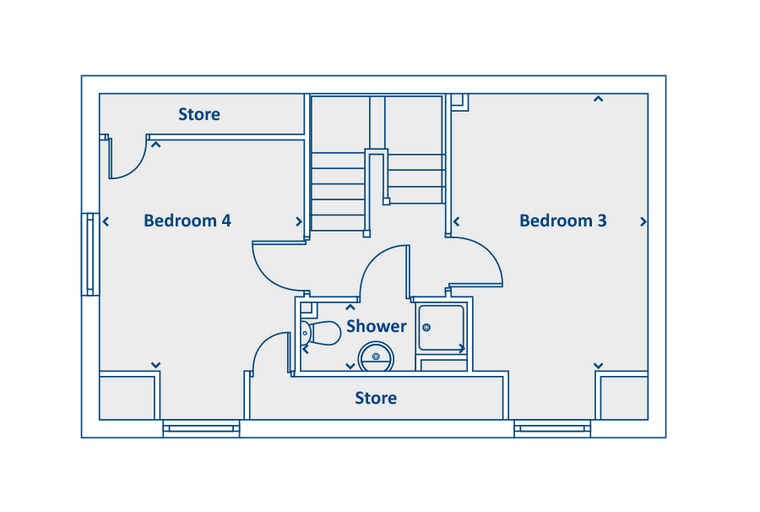 A floor plan showing two bedrooms, a shower room, and two store rooms.