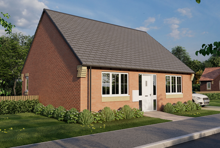 A brick bungalow with a pitched roof, white front door, and multiple windows.