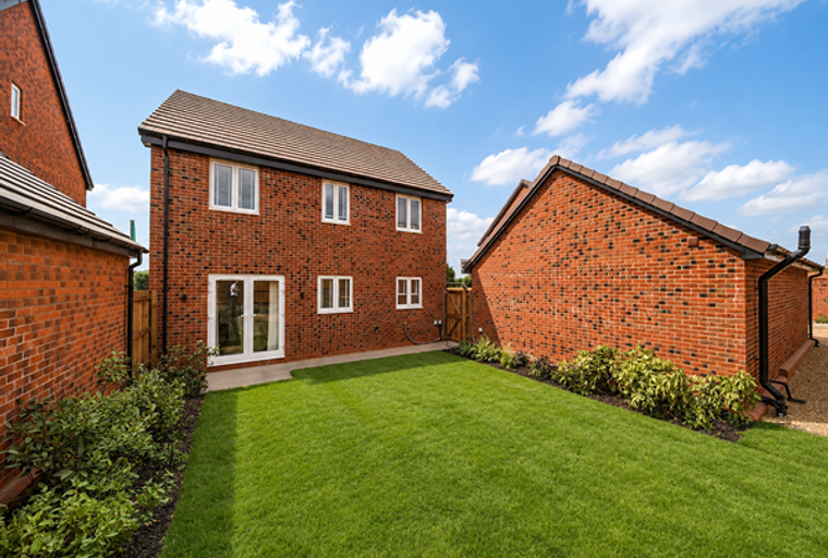 A backyard with a brick house and a lawn.