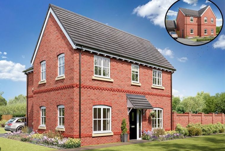 A red brick house with white windows and a pitched roof, set in a garden with a fence and a car.