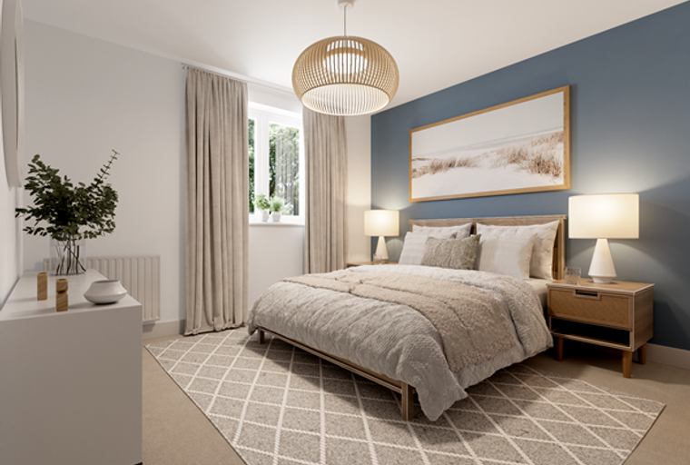 A bedroom with a bed, bedside tables, and a large framed artwork.