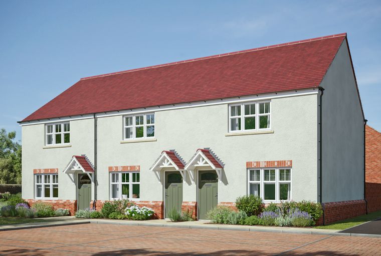 A row of modern houses with red roofs and light-colored exteriors.