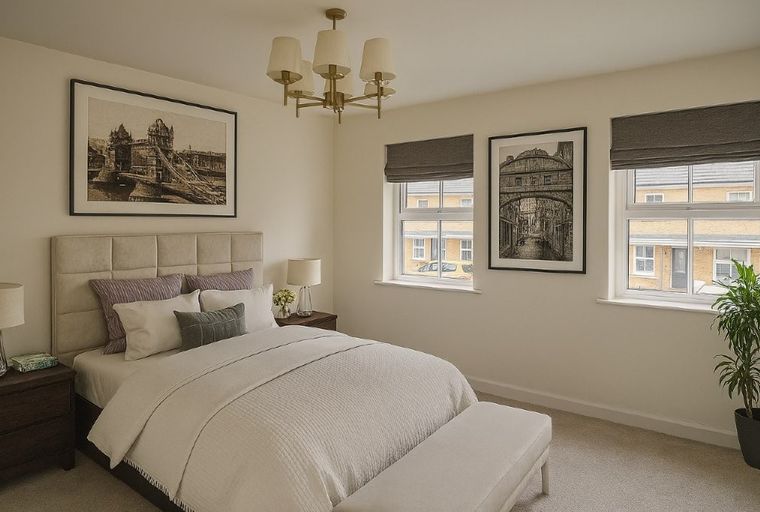 A bedroom with a bed, nightstands, windows, and artwork.