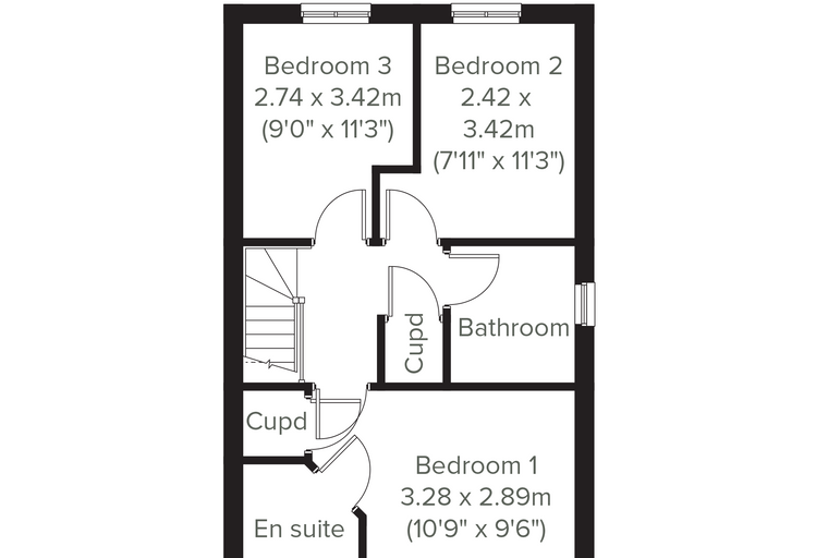 A floor plan of a house with three bedrooms, a bathroom, and an en-suite.