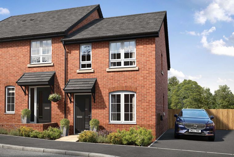 A red brick semi-detached house with a driveway and a car.