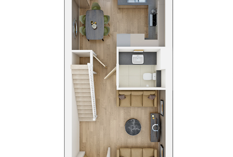 A floor plan of a townhouse showing a living room, dining area, kitchen, and bathroom.