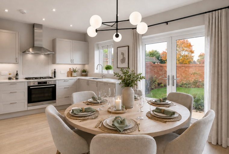 A dining area with a round table set for six, adjacent to a modern kitchen with integrated appliances.