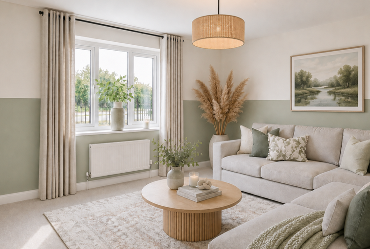 A living room with a sectional sofa, coffee table, and a large window.