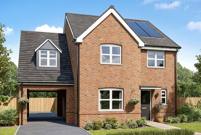 A two-story brick house with a carport and a front garden.