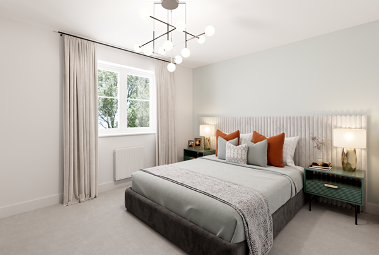 A bedroom with a bed, bedside tables, a window, and a chandelier.