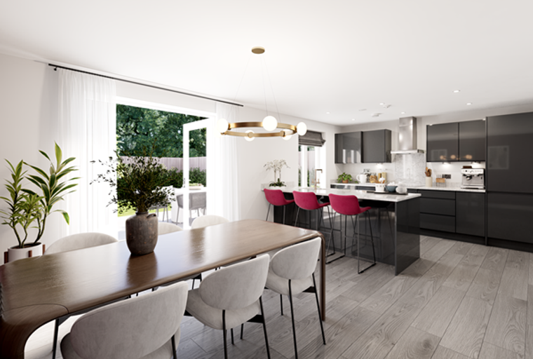 A modern kitchen and dining area with dark cabinets, a central island, and a large wooden dining table.