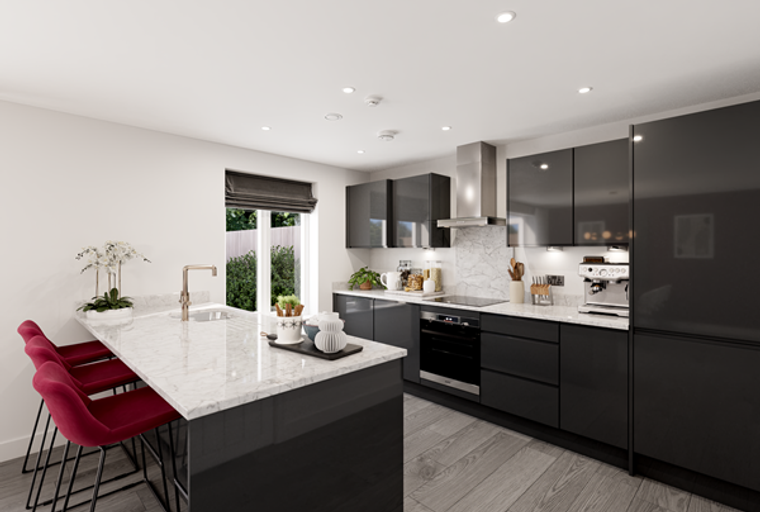 A modern kitchen with dark cabinets, a marble island, and red bar stools.