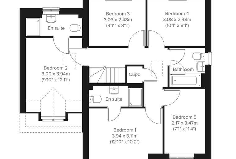 A floor plan of a five-bedroom house with multiple bathrooms and en-suites.
