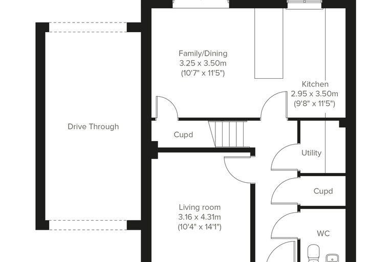 A floor plan of a house with labeled rooms including a living room, family/dining area, kitchen, utility, and WC.