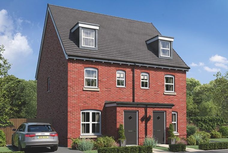 A red brick semi-detached house with a pitched roof and dormer windows, a driveway, and a car.