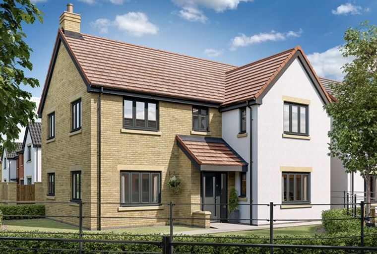 A modern house with yellow brick and white render, featuring a tiled roof and dark-framed windows.