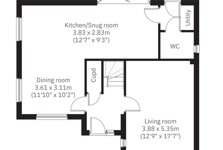 A floor plan of a house showing the layout of the dining room, kitchen/snug room, living room, WC, and utility room.